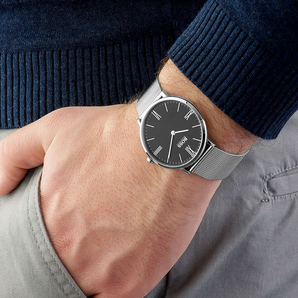 Hugo Boss Jackson Quartz Black Dial Silver Mesh Bracelet Watch For Men