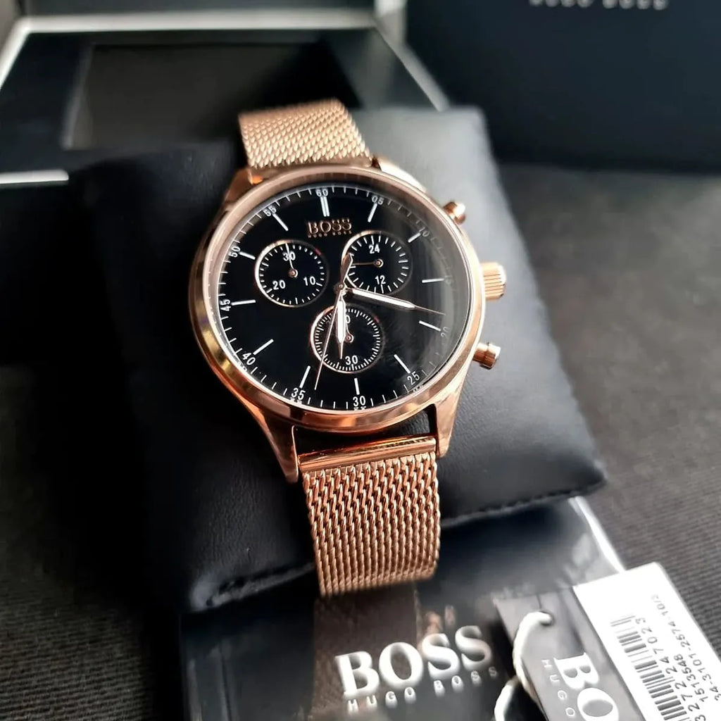 Hugo Boss Companion Chronograph Black Dial Rose Gold Steel Strap Watch For Men