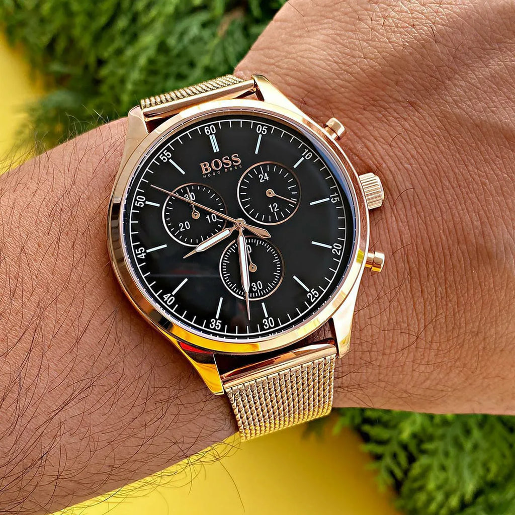 Hugo Boss Companion Chronograph Black Dial Rose Gold Steel Strap Watch For Men