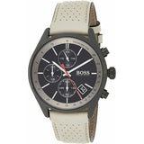 Hugo Boss Grand Prix Chronograph Black Dial Grey Leather Strap Watch for Men - 1513562