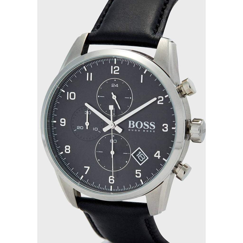 Hugo Boss Skymaster Black Dial Black Leather Strap Watch for Men - 1513782