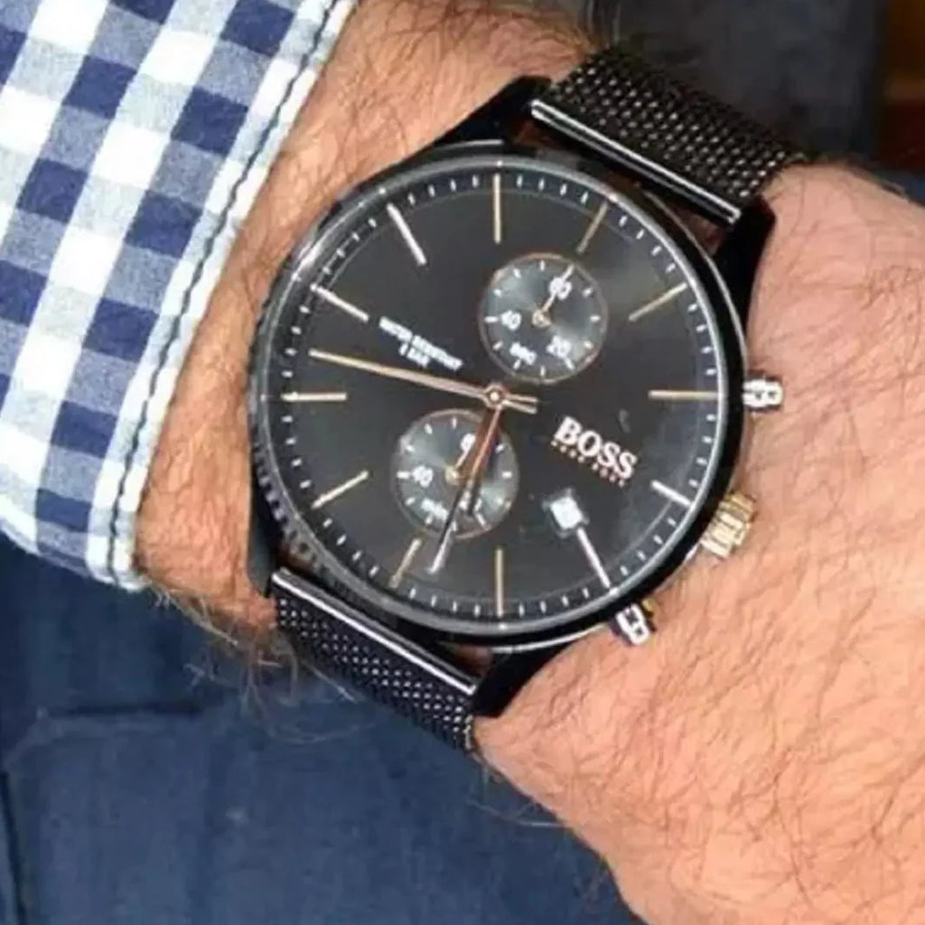 Hugo Boss Associate Chronograph Black Dial Black Mesh Bracelet