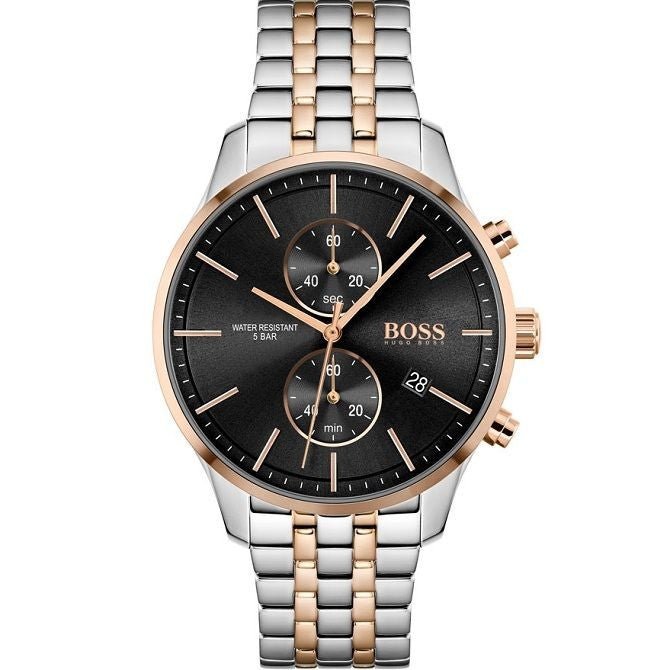 boss 一口目 Hugo Boss Associate Chronograph Black Dial Two Tone Steel Strap