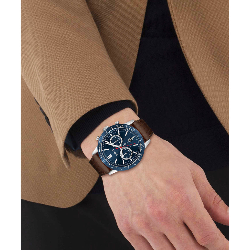 Hugo Boss Allure Blue Dial Brown Leather Strap Watch for Men