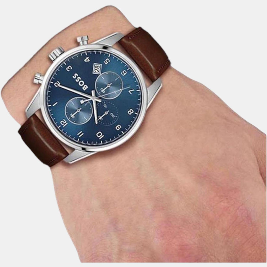 Hugo Boss Skymaster Blue Brown Strap Men Watch Leather for Dial