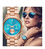 Michael Kors Runway Chronograph Turquoise Dial Rose Gold Steel Strap Watch For Women - MK6164