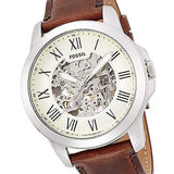 Fossil Grant Automatic Beige Skeleton Dial Brown Leather Strap Watch for Men - ME3099