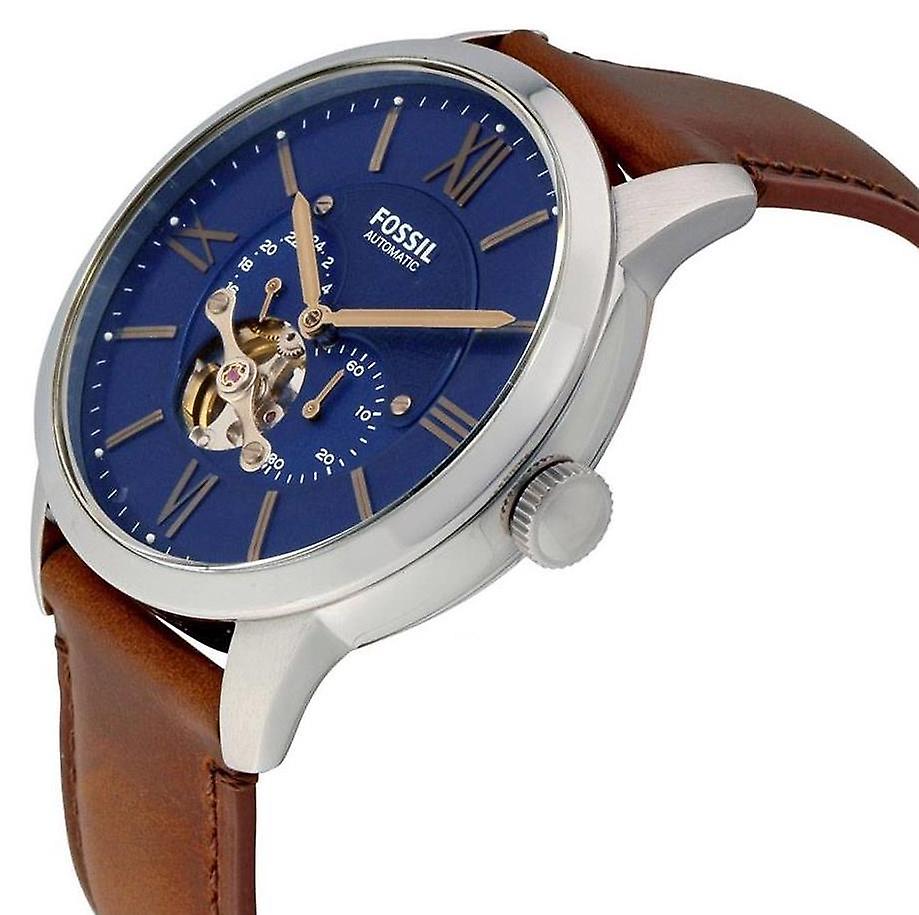 Townsman Brown Blue Dial Watch Automatic Men Strap Fossil Leather for