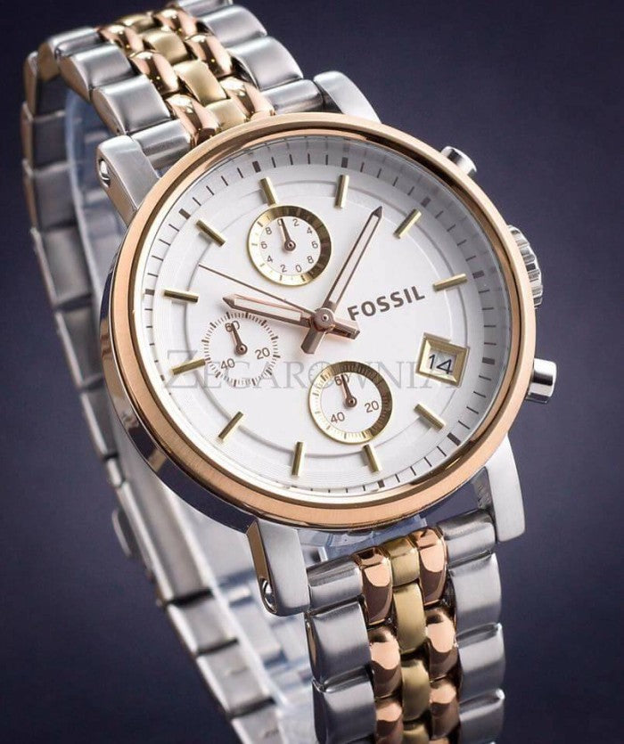 Fossil Boyfriend Chronograph White Dial Two Tone Steel Strap Watch for Women - ES3840