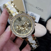 Michael Kors Wren Chronograph Diamonds Gold Dial Two Tone Steel Strap Watch for Women - MK6157