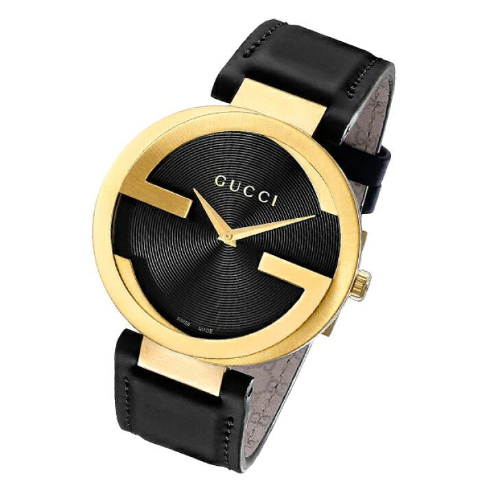 Gucci Interlocking G Gold Black Dial Black Leather Strap Unisex Watch