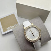 Michael Kors Corey Three Hand White Dial White Leather Strap Watch For Women - MK2985