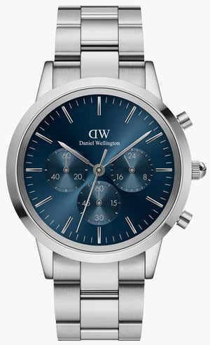 Daniel Wellington Iconic Chronograph Link Blue Dial Silver Steel Strap Watch For Men - DW00100644