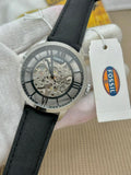 Fossil Townsman Automatic Skeleton Silver Dial Black Leather Strap Watch for Men - ME3041