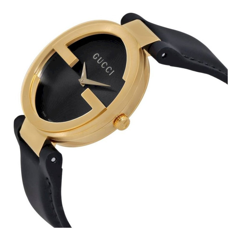Gucci Interlocking G Gold Black Dial Black Leather Strap Unisex Watch