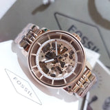Fossil Boyfriend Automatic Skeleton Rose Gold Dial Rose Gold Steel Strap Watch for Women - ME3065