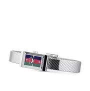 Gucci G Frame Quartz Diamonds Green & Red Mother of Pearl Dial Silver Mesh Bracelet Watch For Women - YA147510