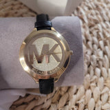 Michael Kors Slim Runway Quartz Gold Dial Black Leather Strap Watch For Women - MK2392