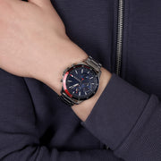 Tommy Hilfiger Bank Chronograph Blue Dial Silver Steel Strap Watch for Men - 1791718