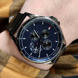 Tommy Hilfiger Shawn Multi Function Quartz Blue Dial Black Leather Strap Watch for Men - 1791616