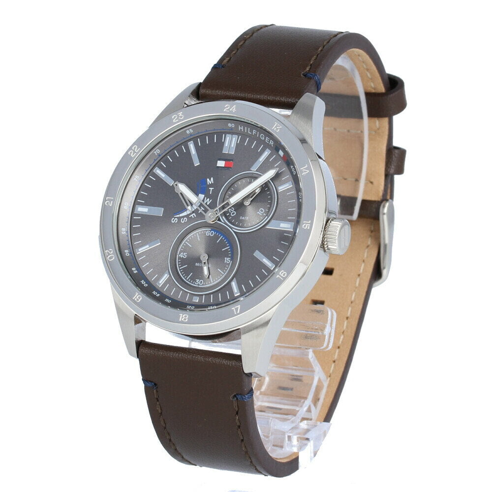 Tommy Hilfiger Austin Leather Watch Men Strap Dial for Grey Brown