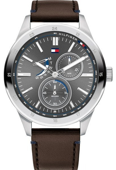 Hilfiger Tommy Grey Brown Watch Leather for Austin Strap Dial Men