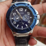 Guess Rigor Multifunction Chronograph Blue Dial Blue Leather Strap Watch For Men - W0040G7