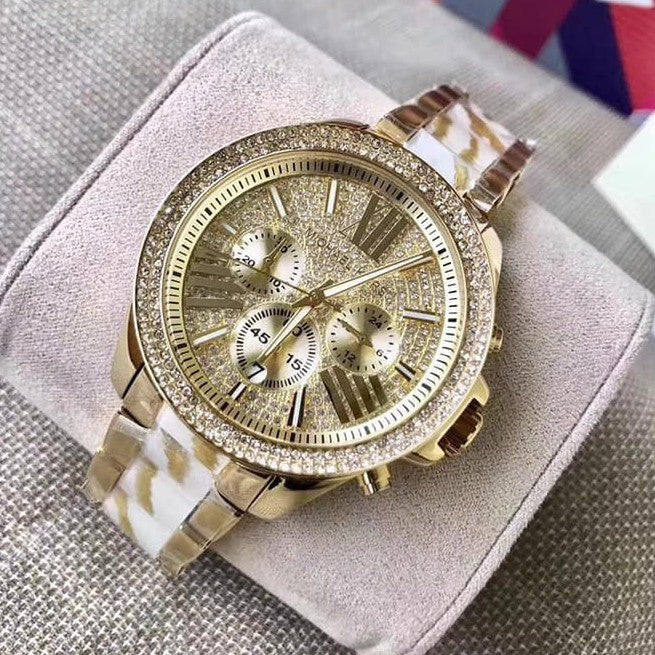 Michael Kors Wren Chronograph Crystal Pave Gold Dial Gold Steel Strap Watch for Women - MK6095