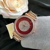 Michael Kors Caitlin Red Dial Rose Gold Stainless Steel Strap Watch for Women - MK3377