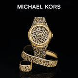 Michael Kors Lennox Three Hand Crystals Gold Dial Two Tone Steel Strap Watch For Women - MK7284