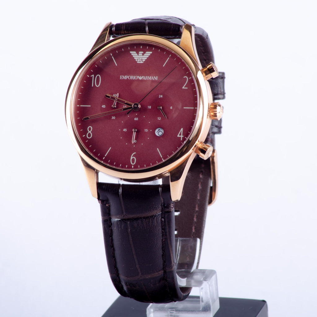 Emporio Armani Classic Chronograph Burgundy Dial Brown Leather
