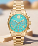 Michael Kors Lexington Chronograph Blue Dial Gold Steel Strap Watch For Women - MK7216