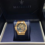 Maserati Automatic Skeleton Rose Gold Dial Blue Leather Strap Watch For Men - R8821108022