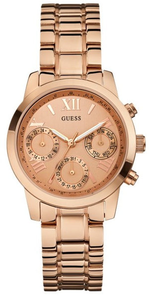 Guess Mini Sunrise Chronograph Quartz Rose Gold Dial Rose Gold Steel Strap Watch For Women - W0448L3