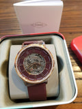 Fossil Vintage Muse Automatic Skeleton Maroon Dial Maroon Leather Strap Watch for Women - ME3137