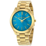 Michael Kors Slim Runway Blue Mother of Pearl Dial Gold Steel Strap Watch for Women - MK3492