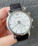 Emporio Armani Classic Quartz Chronograph White Dial Black Leather Strap Watch For Men - AR1807