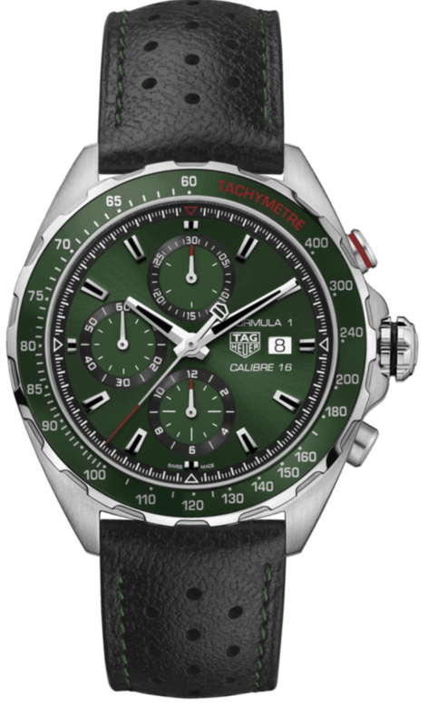Tag Heuer Formula 1 Kaliber 16 Kronograf Otomatis Jam Tangan Tali Kulit Hitam Dial Hijau untuk Pria - CAZ2016.FC6473