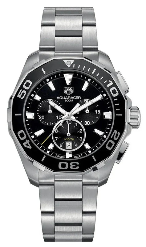 Tag Heuer Aquaracer Quartz Chronograph Black Dial Silver Steel Strap Jam Tangan untuk Pria - CAY111A.BA0927