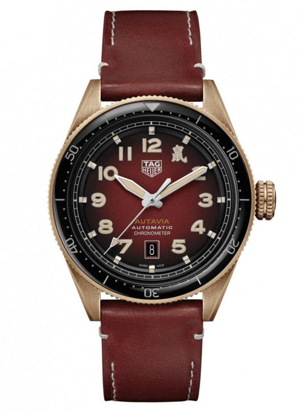Tag Heuer Autavia Calibre 5 Chinese New Year Maroon panggil Maroon Leather Strap Watch untuk Pria - WBE5193.FC8300