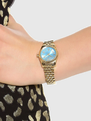 Michael Kors Lexington Quartz Blue Dial Gold Steel Strap Watch For Women - MK3271