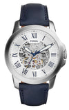 Fossil Grant Automatic Skeleton Silver Dial Blue Leather Strap Watch for Men - ME3111