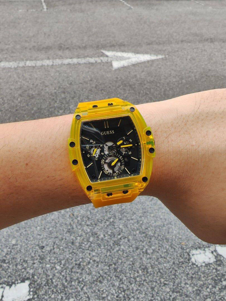 for Black Rubber Yellow Dial Guess Watch Multi Function Strap Men Phoenix