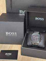 Hugo Boss Trophy Chronograph Black Dial Black Steel Strap Watch for Men - 1513675