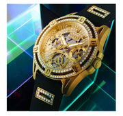 Guess Queen Quartz Gold Dial Black Silicone Strap Watch For Women - GW0536L3