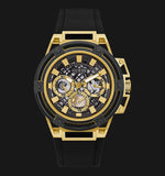 Guess Matrix Multifunction Gold Dial Black Rubber Strap Watch For Men - GW0423G2