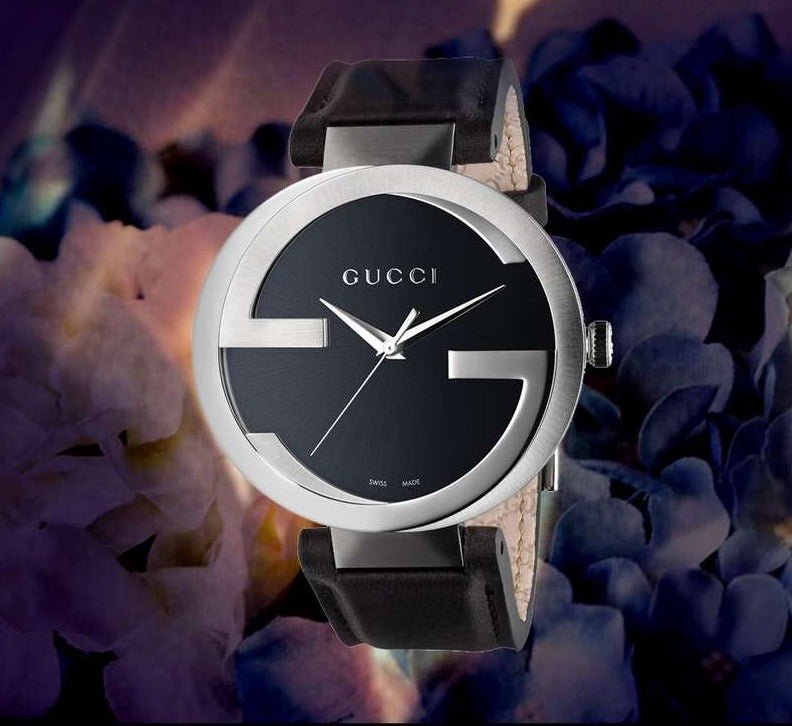 Gucci Interlocking G Iconic Black Dial Black Leather Strap Watch