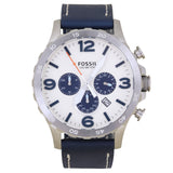Fossil Nate Chronograph White Dial Blue Leather Strap Watch for Men - JR1480