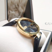 Gucci Interlocking G Gold Black Dial Black Leather Strap Unisex Watch - YA133326