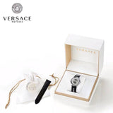 Versace V-Circle Silver Dial Black Leather Strap Watch for Men - VEBQ01219